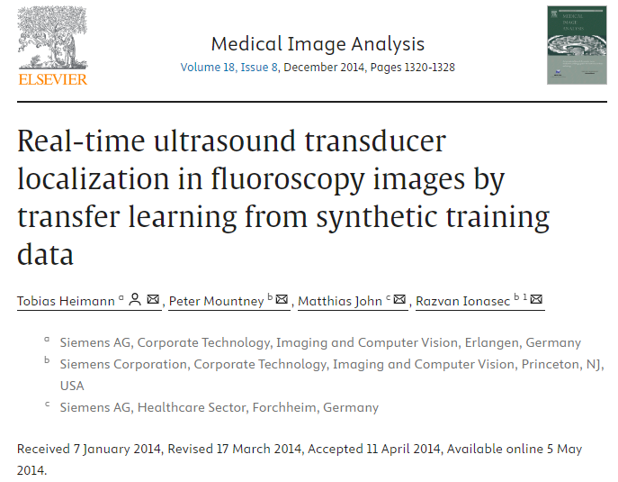 Real-time ultrasound transducer localization in fluoroscopy images by transfer learning from synthetic training data